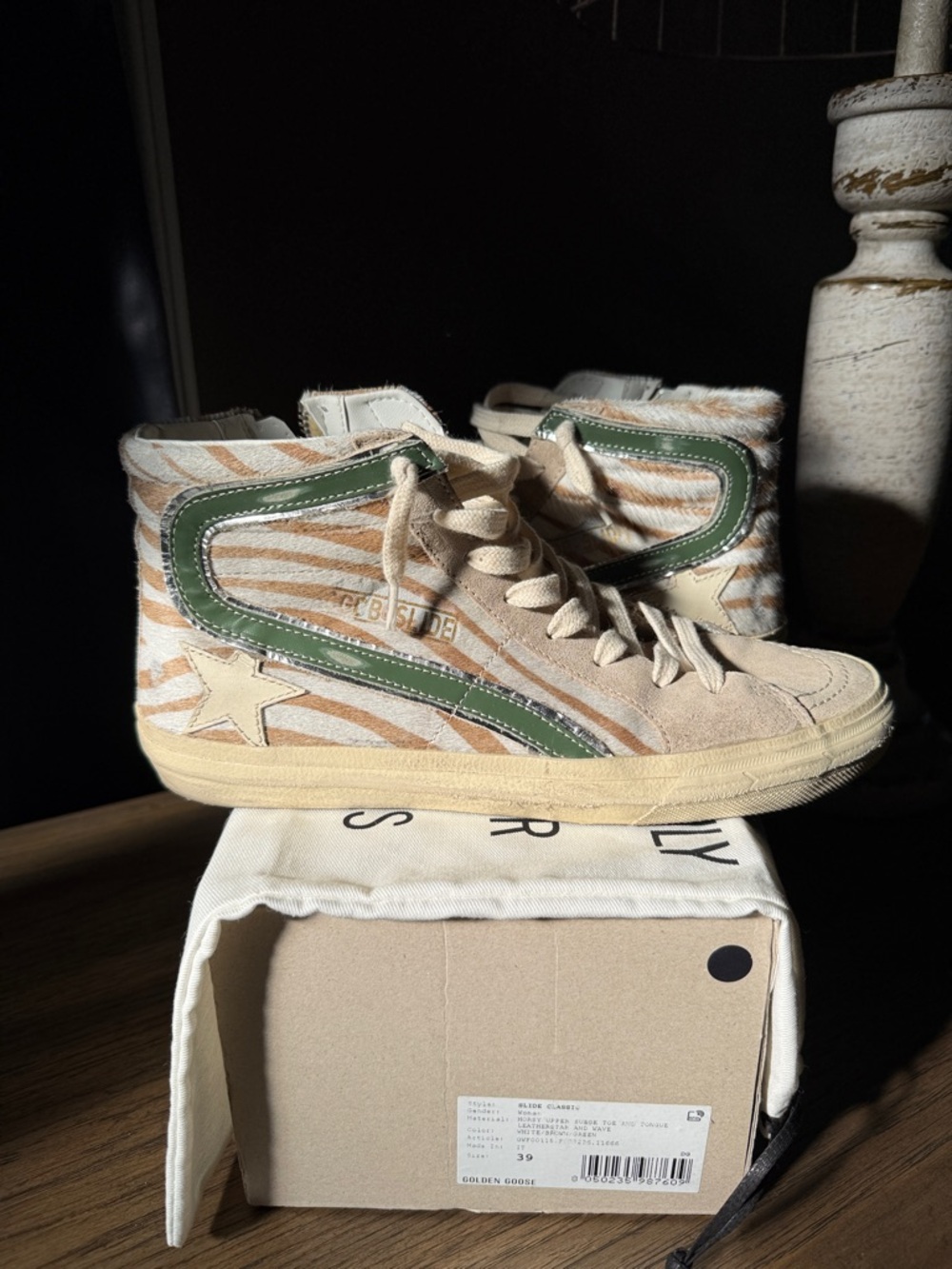 Golden Goose Beige Zebra-Print High-Top Sneakers with Green Trim